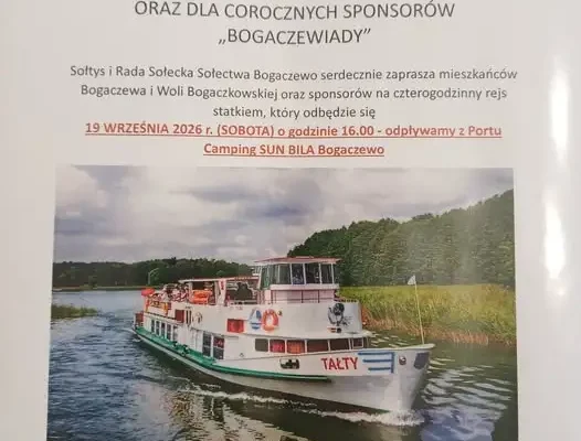 Darmowy rejs statkiem dla mieszkańców sołectwa Bogaczewo – zapisy do 17 września