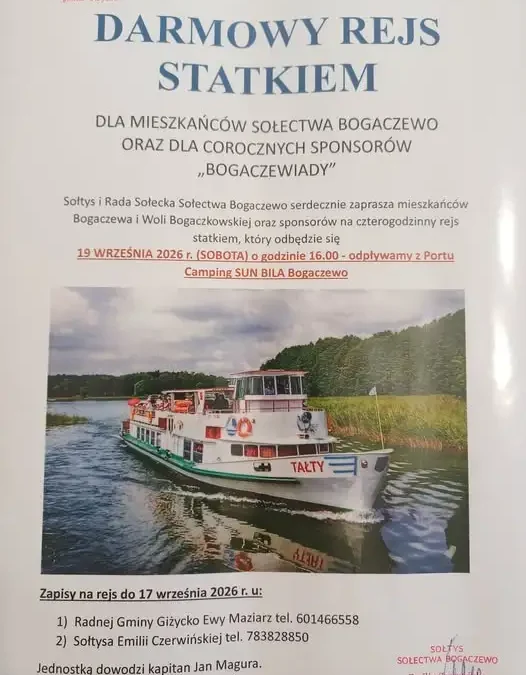 Darmowy rejs statkiem dla mieszkańców sołectwa Bogaczewo – zapisy do 17 września