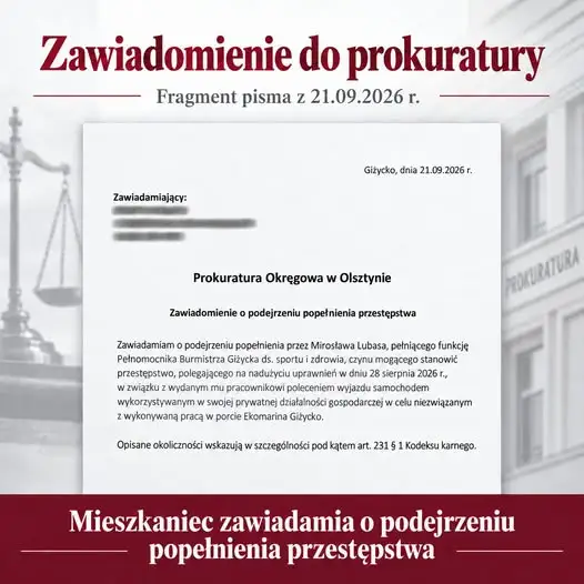 Giżycko: Mieszkaniec zawiadamia prokuraturę w sprawie miejskiego pracownika i prywatnego wyjazdu