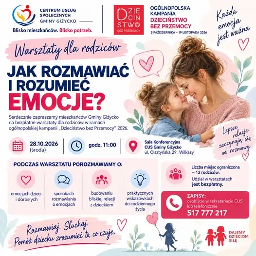 Warsztaty dla rodziców w Gminie Giżycko: jak rozumieć emocje i trudne zachowania dzieci