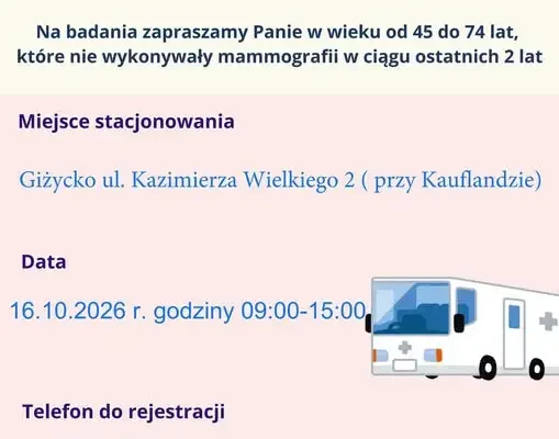 Mammobus w Giżycku – bezpłatne badanie piersi już 16 października