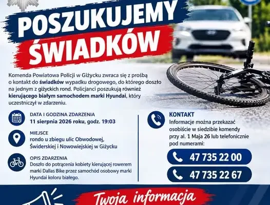 Policja w Giżycku szuka świadków potrącenia rowerzystki na rondzie