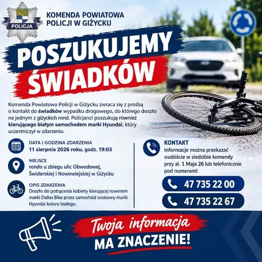 Policja w Giżycku szuka świadków potrącenia rowerzystki na rondzie