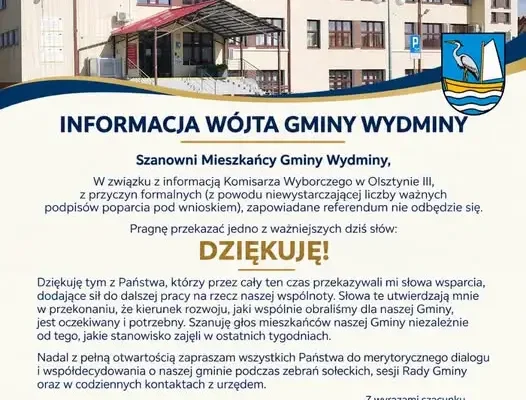 Referendum w gminie Wydminy nie odbędzie się. Wójt dziękuje mieszkańcom