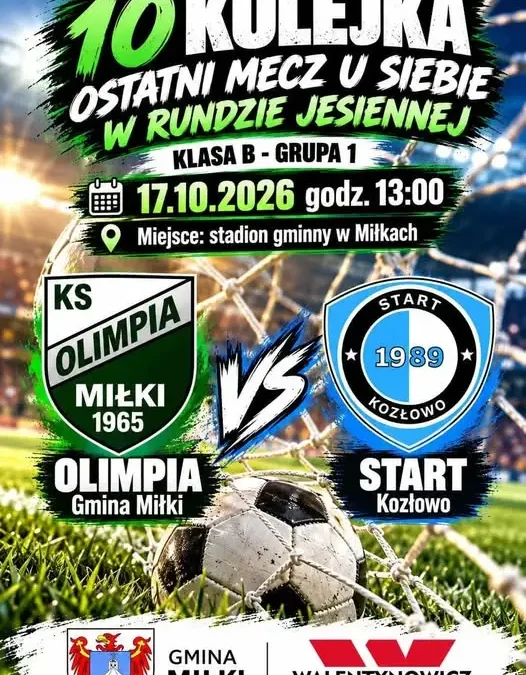 Olimpia Gmina Miłki zagra z Startem Kozłowo w 10. kolejce B-klasy