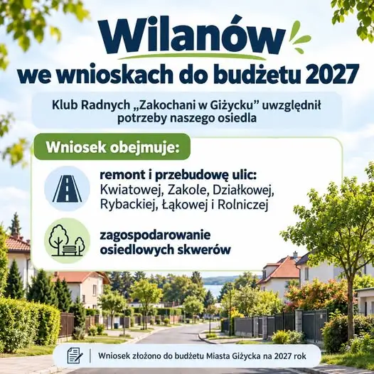 Klub Radnych Zakochani w Giżycku proponuje remonty ulic na Wilanowie w budżecie 2027