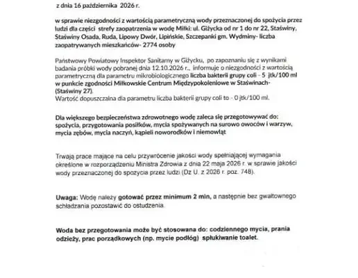 Bakterie grupy coli w wodociągu Miłki – mieszkańcy Lipińskich i Szczepanek muszą gotować wodę