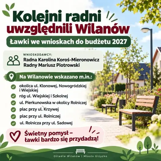 Radni z Giżycka chcą nowych ławek na Wilanowie
