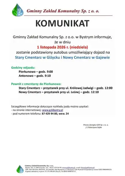 Dodatkowe autobusy na cmentarze w Giżycku i Gajewie – rozkład na Wszystkich Świętych